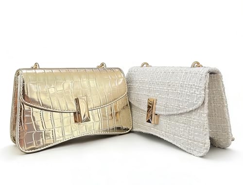 Chageempb Women's Shoulder Bag, Crocodile Embossed Metallic PU & Tweed Crossbody Bag Elegant Evening Party Purse (Metallic Gold) by Chageempb - Used condition - Image 2