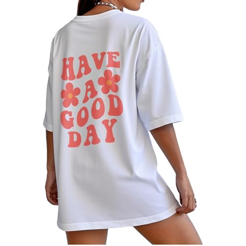 T-Shirt Damen Baumwolle Kurzarm Oversized Tshirt Sommer Oberteile Rundhals Bedrucken Tops Casual Lose Tunika Bluse Tee Teenager Shirts (DE/NL/SE/PL, Alphanumerisch, XL, Regular, Regular, Weiß)