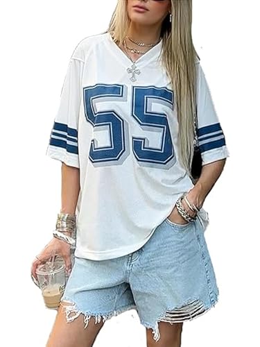 Übergroße Jersey-Shirts für Damen, Nummern-Grafik T-Shirt V-Ausschnitt Halbarm-Tops Y2K Streetwear, S