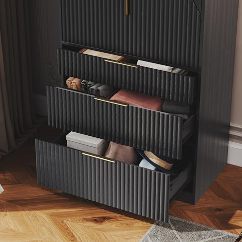 71.7" Wardrobe Armoire Wooden Closet with 2 Doors and 3 Drawers, Bedroom Armoire with Hanging Rod Shelf, Large Capacity Storage Wardrobe Armoire, Freestanding Wooden Closet Storage Cabinet Black - Image 6