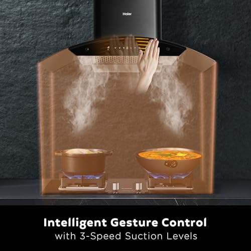 Image of Haier 90 cm 1200 m /hr Auto Clean Low Noise Curved Chimney Black Filterless with Oil Collector | 10 Yrs Motor & 4 Yrs Product Warranty | Touch & Gesture Control | Free Installation Kit | HVP-G94DGBGIN