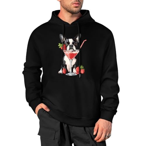 Bostons Terrier Strawberry Cocktail Fashion Hoodies for Men Cotton Pullover Sweatshirt Tops with Pocket