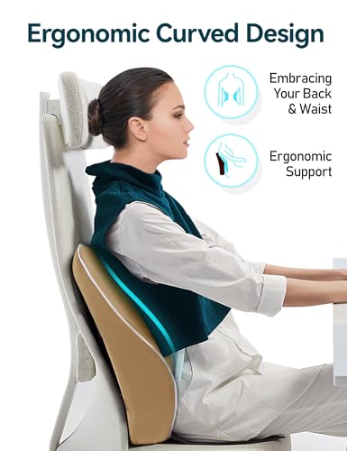 TRAVEL EASE Ergonomic Lumbar Support Cushion, Memory Foam Back Support Cushion for Office Chairs with Skin-Friendly Cover for Comfort (Khaki)