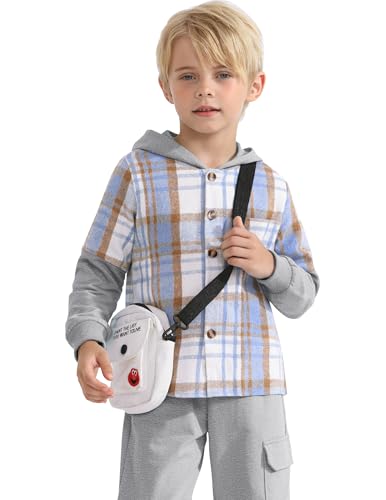 Image of 2Pcs Boys Clothes Sweatsuit Set Hoodie Flannel Plaid Shirt and Jogger Pants for Kids Fall Winter Spring Outfits