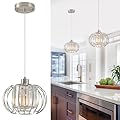XSDeTu Brushed Nickel Pendant Light Fixtures, Modern Crystal Hanging Ceiling Light, Farmhouse Small Chandeliers, Metal Cage Pendant Lighting, Adjustable Pendant Lights Kitchen Island, Hallway