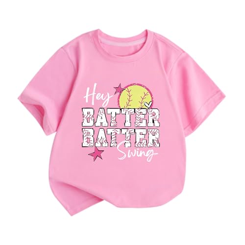 GANGXCHEN Softball Shirts for Girls Hey Batter Batter Swing Shirt Kids Funny Softball Graphic Short Sleeve Tee Tops(Pink 9-10Y)