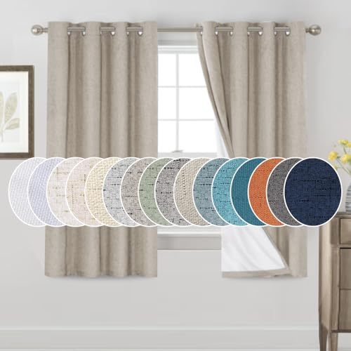 Image of PrinceDeco 100% Black Out Curtains 63 Inch Length,Thermal Insulated Short Textured Grommets Curtains 2 Panels Set,Noise Reducing Window Treatment with White Liner, 52 inch W x 63 inch L,Stone