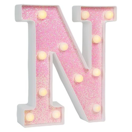 Image of Pink Glitter Marquee Light Up Letters, Battery Operated LED Letter Lights Signs for Pink Birthday Party Table Decorations, Wall Decor for Girls Bedroom, Initial Letter N with Warm White Lights