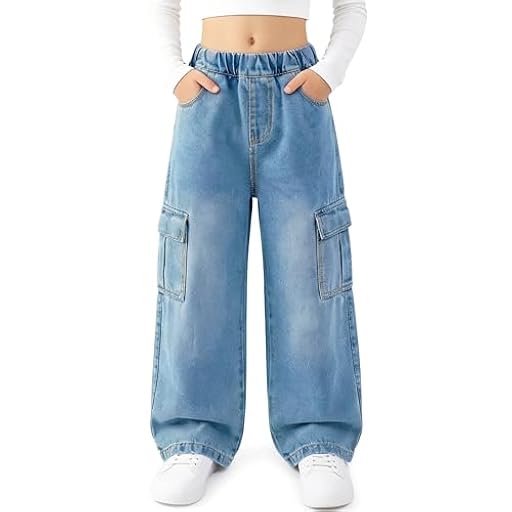 Keyck Vaqueros Cargo para Niña, Baggy Cintura Elasticos Denim Jeans Pierna Anchos Pantalones Largo Stretch con Múltiples Bolsillos Casual Moda Streetwear Pants para Infantil 9-10 Años, Azul Claro | Ya disponible en tu tienda friki favorita! En mundofriki.es!