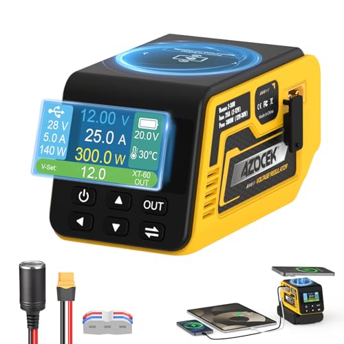 Azocek 300W Adjustable Voltage Regulator Compatible with Dewalt 20V Battery(Battery Not Included) 230V DC Output Up to 25A 140W Type-C PD Fast Charging 15W Wireless Charger 1.9 LCD Display