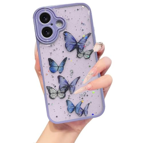 Image of VONZEE for iPhone 16 Clear Glitter Butterfly Case, Cute Bling Sparkle Shiny Soft TPU Bumper Shockproof Women Girls Slim Protective Phone Cover for iPhone 16 6.1 inch,Purple
