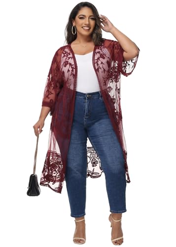 Image of Anna-Kaci Women's Plus Size Lace Cardigan Embroidered Long Kimono Dusters with Half Sleeves