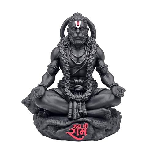 Image of MurtiHome Dhyanveer Hanuman Idol, Lord Shri Hanumanji Statue in Meditation | 8.28 cm Tall Small Black Color Figure Made From UV Resin, Crafted by 3D Printer for Car Dashboard, Home, Office, Gift