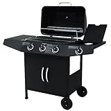 Gasgrill BBQ | 3 Hauptbrenner, 1 Seitenbrenner, Schwarz, 2 Rollen, Thermometer, Edelstahl-Griff | Grillwagen, Barbecuegrill, Gartengrill, Grillstation