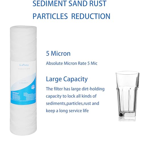 Lafiucy 5 Micron 10" x 2.5" String Wound Sediment Water Filter Cartridge,5 Pack,Whole House Sediment Filtration, Universal Replacement for Most 10 inch RO Unit