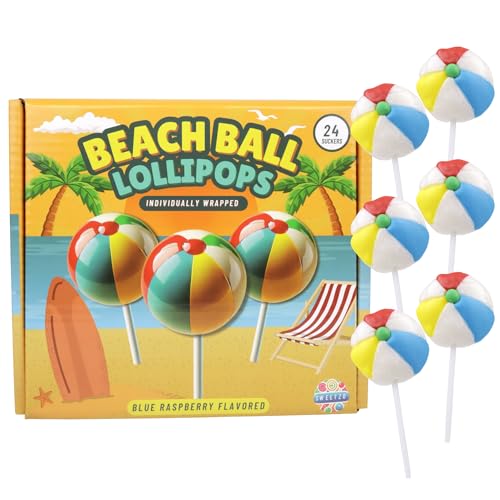 Beach Ball Lollipops, Individually Wrapped Blue Raspberry Suckers, Tropical Favors, 24 Count, 10.16...