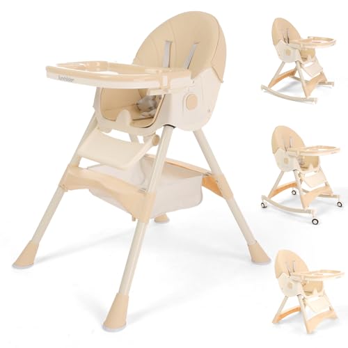 Image of Sunchildor 4 in1 Foldable Baby High Chair with Removable Tray, Safety Belt, Footrest and Wheels, Convertible Toddler High Chair, Beige