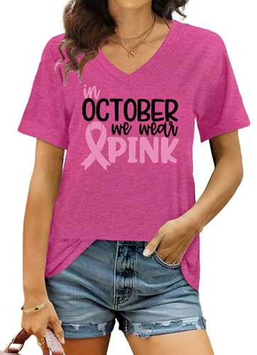 hohololo Breast Cancer Shirts Women in October We Wear Pink Tshirt Breast Cancer Awareness V-Neck Tees Cancer Survivor Tops3