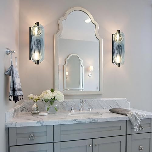 Image of 15.7 inch Clear Blue Oval Glass Bathroom Modern Wall Sconce Fixture for Bedroom Hallway Bedside 2 Pack 2 Light Black Wall Sconce