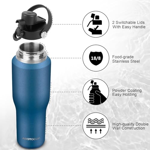 Image of ABOTOCUP 32oz Water Bottle Insulated with Powder Coated, Fit in Any Car Cup Holder, Water Bottles with Straw and Spout Lids, Stainless Steel Insulated Double Wall Leak-proof BPA Free to Keep Cold&Hot