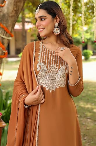 Image of Janasya Women's Georgette Embroidered Straight Kurta with Sharara & Dupatta Set