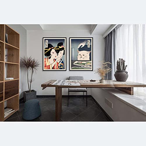 2 Pieces Fun Cute Canvas Paintings Japanese Women Yell At Cats Eat Food Posters And Prints Vintage Wall Art Meme Poster Pictures Dining Room Wall Decoration Living Room Kitchen Hallway Unframed 12X16 Inches #TOP3