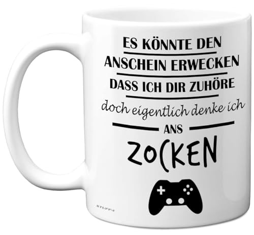 Gamer Geschenke für Männer und Frauen – Eigentlich Denke Ich ans Zocken – Lustige Gaming-Tasse, Geschenke für Gamer, Videospiel-Präsente, 325 ml Premium-Keramiktasse, spülmaschinenfest