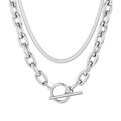 RIXERKOC 2 Pcs Collier en Or superposé Chunky pour femmes, Collier en Paperclip à chevrons épais, Colliers en plaqué or 18K avec fermoir à bascule pour...
