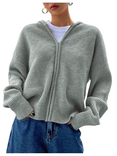 Image of SOLY HUX Zip Up Cardigan for Women Hooded Cardigan Sweater Knitted Drop Shoulder Fall Clothes Winter Hoodies Outerwear