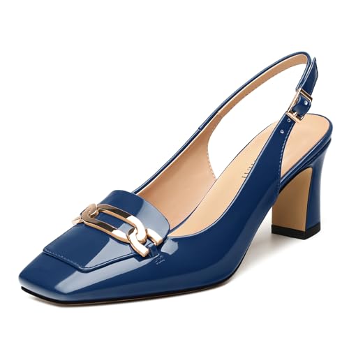 Women's Pumps Slingback Chunky Block Heels Square Closed Toe Strappy Patent Pumps Comfortable Casual Party Dress Shoes 2.5 Inch Navy Blue Patent Size 7
