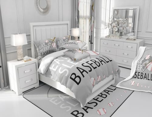 Image of Feelyou Baseball Comforter Set Grey Bedding Queen Size for Kids Women