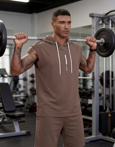 Image of Lexiart Mens Short Sets Sleeveless Workout Hooded 2 Pieces Outfits
