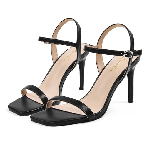 GENSHUO Women’s Strappy High Heeled Sandals 3 Inch Square Open Toe Stiletto Heels Slingback Shoes with Ankle Strap for Wedding Party Chic and Sexy3