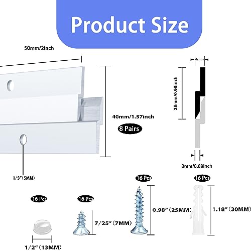 Image of 2'' French Cleat, French Cleat Hanger, Aluminum Z Clips for Hanging Pictures, Mirrors, Panels, Whiteboard, Shelf, Artwork ( Supports 30 lbs, 8 Pairs )