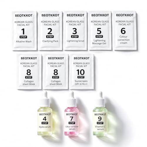 Image of Korean Glass Skin Facial Kit - 10 Step Korean Facial for Instant Glow, Deep Hydration, Acne Care & Pore Tightening | Bridal Glow, Skin Brightening & Pigmentation Control Facial Kit | Salon Like Facial at Home | 2 Full Uses 129 g