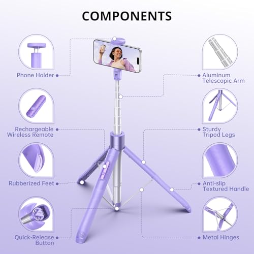Image of ATUMTEK Smartphone Tripod, Selfie Stick, 59.1 inches (150 cm), Long Type, Selfie Stand, Aluminum, Rechargeable, Bluetooth Remote Control, 360� Rotation, Supports YouTube Vlog, TikTok, Sports Events,