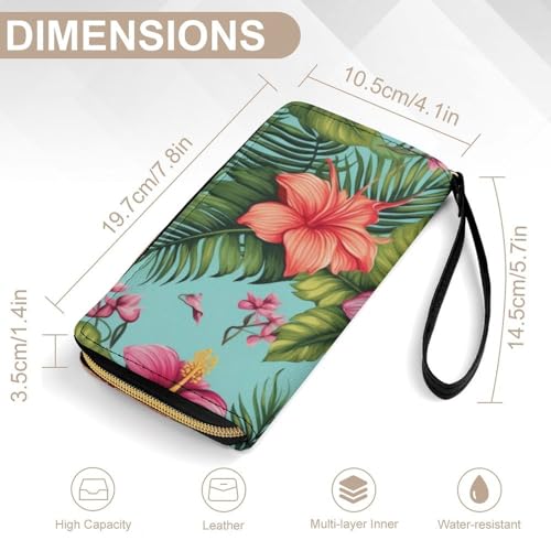 Hawaiian Tropical Leaves FlowersPrint Long Wallets PU Leather Clutch Purse Card Holder Wallet, with Wristlet Zip Around Long Wallet for Women & Men2