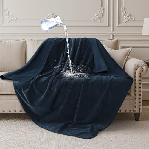 LOOBANI Waterproof Throw Blanket for Couch: Reversible Leakproof Couch Blanket 40" x 60", Soft Coral Fleece Bed Blanket Stain-Proof for Sofa Cover, Pet Accidents, Travel, Blue