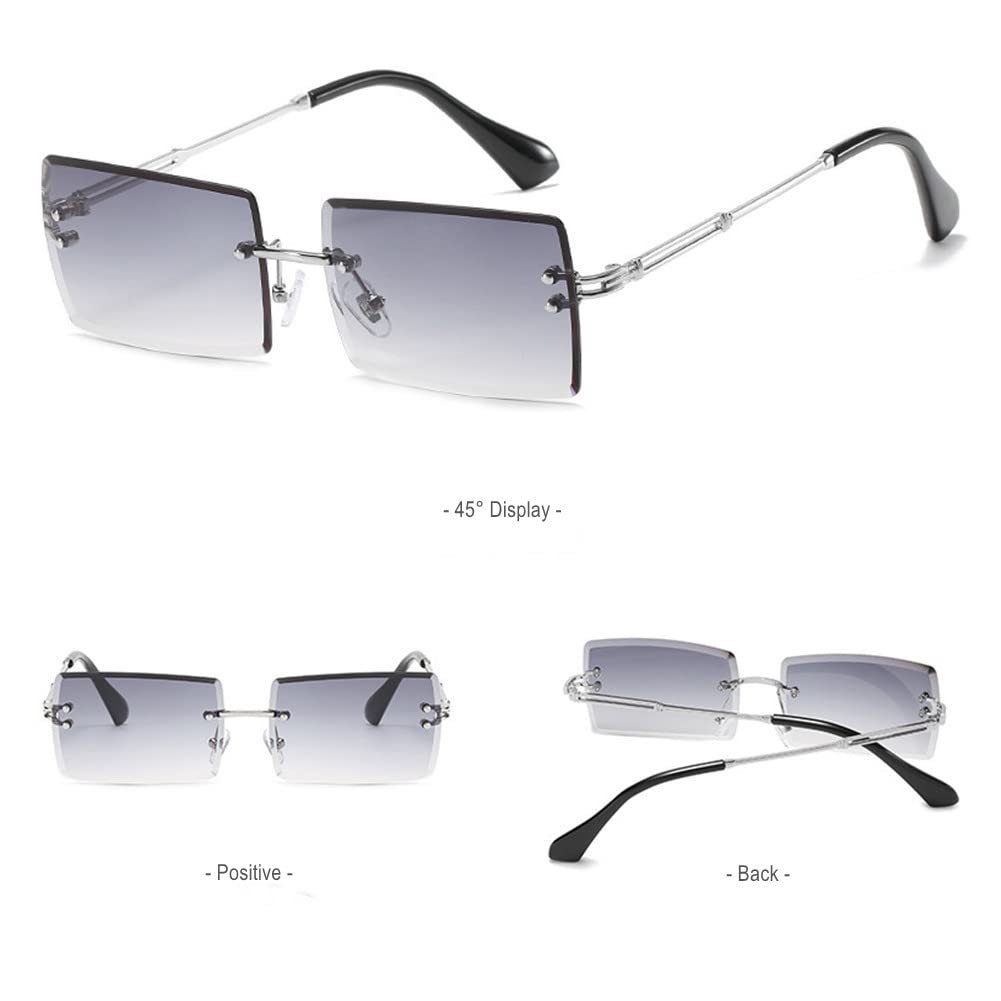 90s 2000s rectángulo sin montura gafas de sol mujeres hombres Y2K accesorios vintage retro sin marco cuadrado, Plateado/Gris, Medium