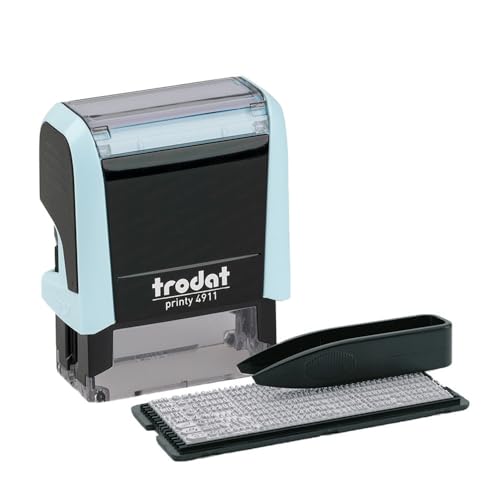 Trodat Printy 4911 - Juego de sellos en color azul pastel, 3 líneas de texto, impresión 38 x 14 mm, alemán, incluye pinzas, almohadilla de tinta negra y juego de letras y números en talla única