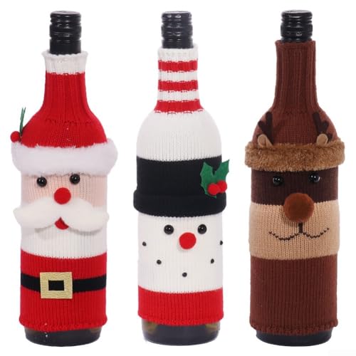 DAZZLEEX Juego de 3 fundas divertidas para botellas de vino de Navidad, diseño festivo de Papá Noel, decoración de tela reutilizable para fiestas de vacaciones, intercambios, champán
