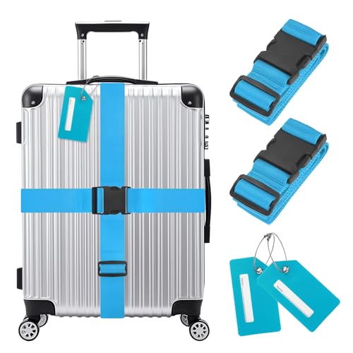 Image of M METERXITY 2-Sets Luggage Straps TSA Approved, Travel Straps for Luggage Suitcase Tags Set, Adjustable Suitcase Belt [Sky Blue]