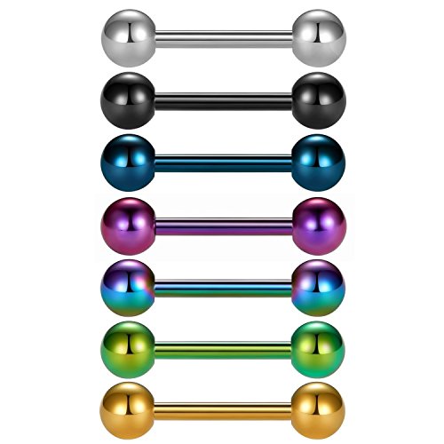 7 pièces en Titane anodisé Chirurgical Barres en Acier de la Langue Mamelon Anneau Piercing - VCMART-12mm