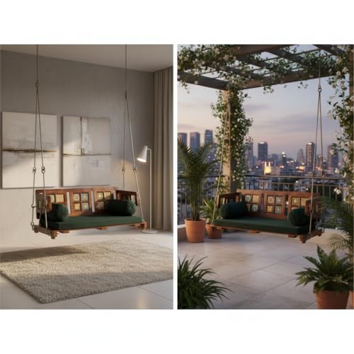 Image of APRODZ Swing for Home Reversible Sheesham Wooden Jhula for Adult for Home | Wooden Swing for Balcony | Hanging Swings with Brass Coated Chain | Patio Double Seater Indoor /Outdoor Swing, 132 x 55cm
