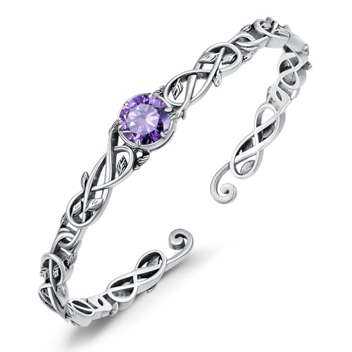 Amethyst Leaf Wrap Cuff Bracelet Sterling Silver Adjustable Vintage Vine Bangle, Bohemian Jewelry February Birthstone Gift for Her