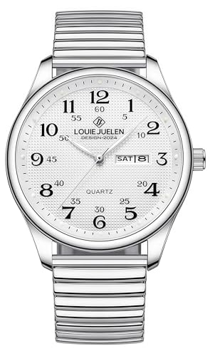 Gosasa Easy-to-Read Quartz Watch for Seniors Large Numerals Calendar 30m Water Resistance Luminous Womens Mens Stainless Steel Wrist Watch (Silver Stretch Men)
