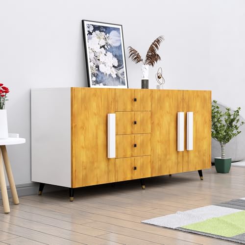 Image of Bniture Storage Cabinet Wooden for Living Room Sideboard with 4 Drawer and 3 Door | Storage Organizer Chest of Drawer Cabinet for Home Hallway Drawing Room Bedroom Kitchen | Frosty White & Giant Wood