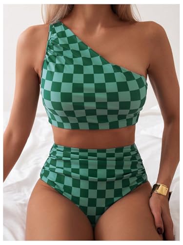 SOLY HUX Women's Plaid Bathing Suit Checkered Print One Shoulder Ruched High Waisted Bikini Set Two Piece Swimsuit3