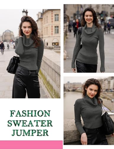 Image of v28 Women's Stretchable Cowl Neck Knit Long Sleeve Slim Fit Bodycon Sexy Sweater