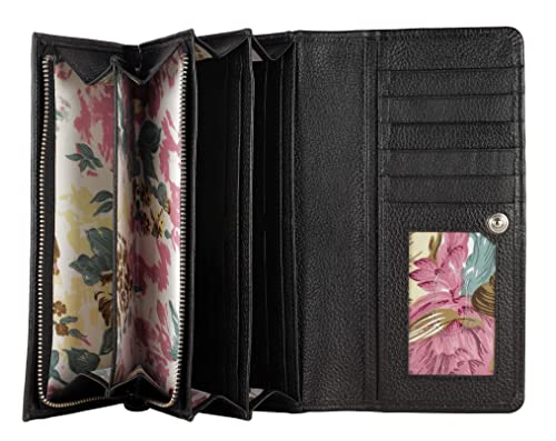 Image of Women's Top Grain Leather Wallet, RFID Blocking Bifold clutch, 17 Card Slots, Zip Pocket Organizer, Elegant Gift for Women - Birthday, Valentine, Anniversary - PEBBLES BLACK